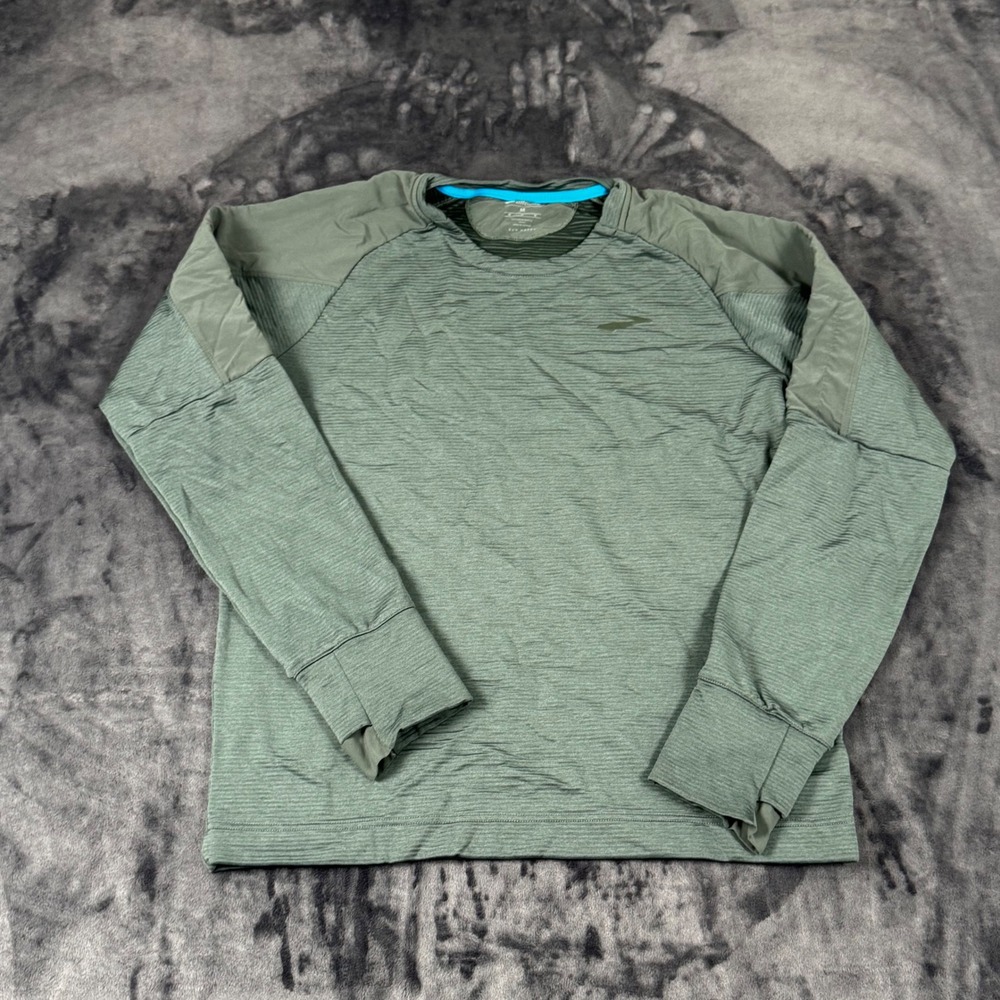 Brooks Running Top Mens Medium Green Long Sleeve Thumbhole Activewear 3559